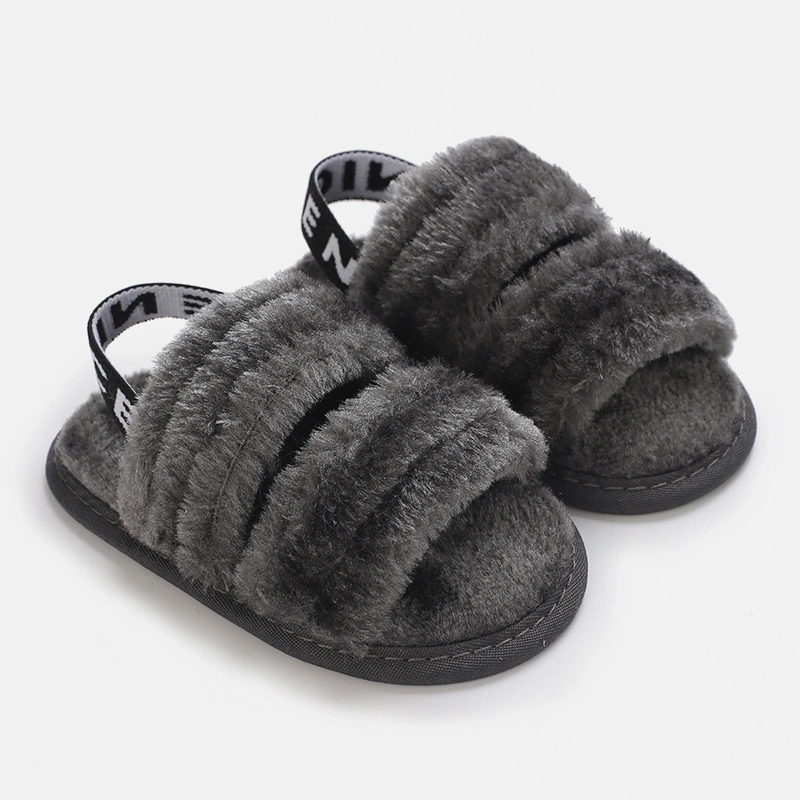 Baby Girl Fuzzy Slippers Letter Elastic Band Plush Open Toe Shoes