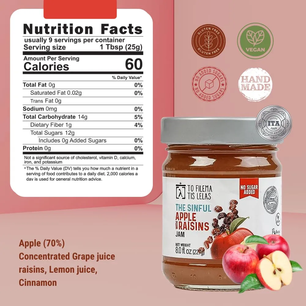 Apple Sugar Free Jam No Sugar Added Natural Sweetness Taste – Made in Greece No Added Sugar Jam, No Preservatives, Gluten Free Apple Jam – Apple Fruit Spread for Breakfast, Toasts