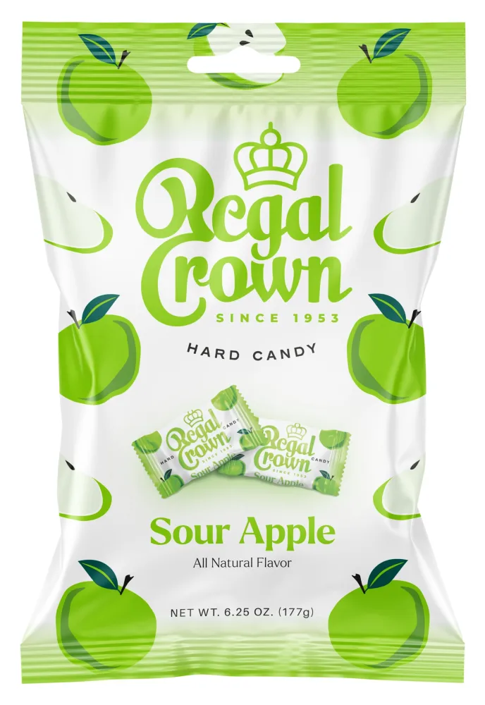 Regal Crown Sour Apple, 6.25 Ounce Bag (Pack of 1), Individually Wrapped Hard Sour Candy, The Hampton Candy Company