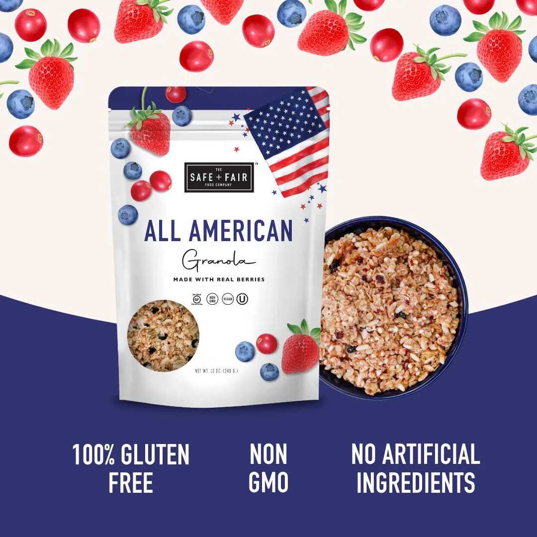 Safe + Fair All American Granola – Gluten-Free & Vegan Snack – Whole Grain Oats with Real Strawberries, Blueberries, and Cranberries – Non-GMO, Kosher, No Preservatives - 12oz
