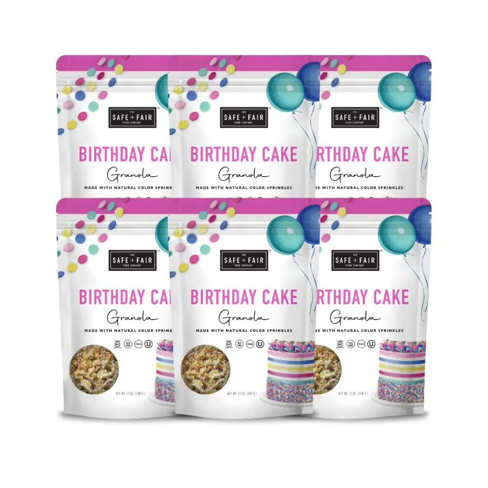 Safe + Fair Birthday Cake Granola – Gluten-Free, Vegan & Plant-Based Snack with Natural Sprinkles – 0g Trans Fat, Non-GMO, Kosher, Allergen-Free, Whole Grain - 12oz, 6 Pack