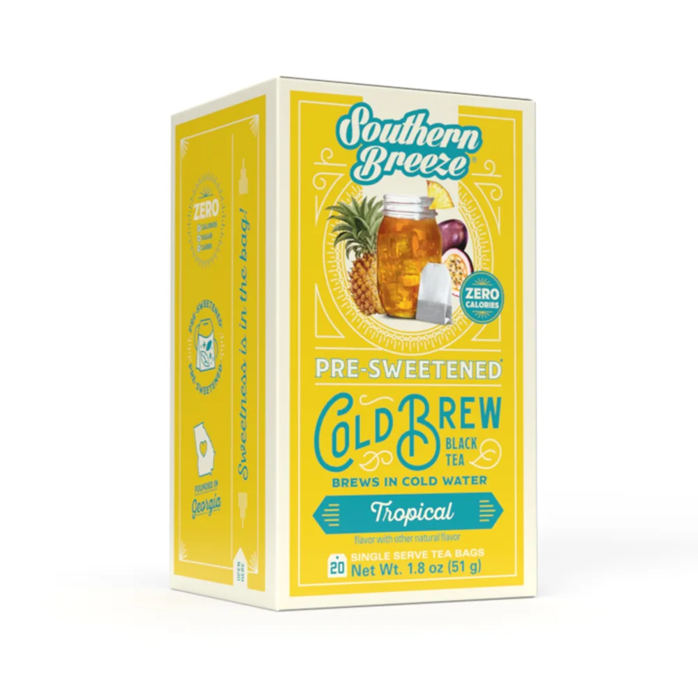 Southern Breeze Cold Brew Sweet Tea Tropical Iced Tea with Black Tea and Zero Carbs Zero Sugar, 20 Individually Wrapped Tea Bags