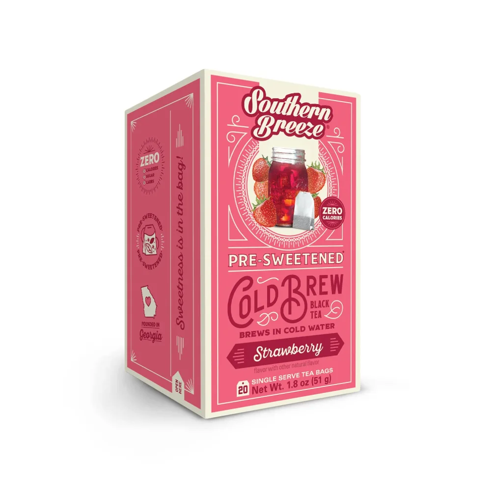 Southern Breeze Cold Brew Sweet Tea Strawberry Iced Tea with Black Tea and Zero Carbs Zero Sugar, 20 Individually Wrapped Tea Bags Southern Sweet Tea Iced Tea Beverage