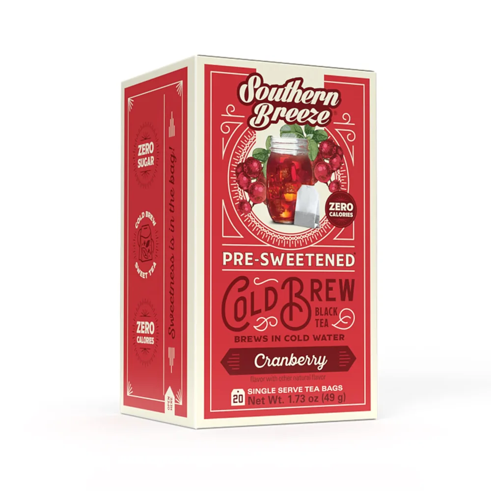 Southern Breeze Cold Brew Sweet Tea Cranberry Iced Tea with Black Tea and Zero Carbs Zero Sugar, 20 Individually Wrapped Tea Bags