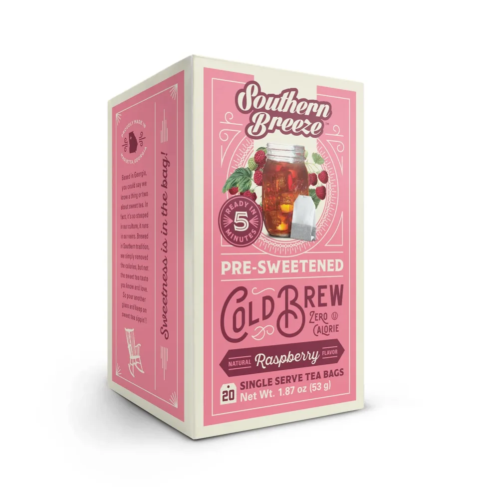 Southern Breeze Cold Brew Sweet Tea Raspberry Iced Tea with Black Tea and Zero Carbs Zero Sugar, 20 Individually Wrapped Tea Bags Southern Sweet Tea Iced Tea Beverage