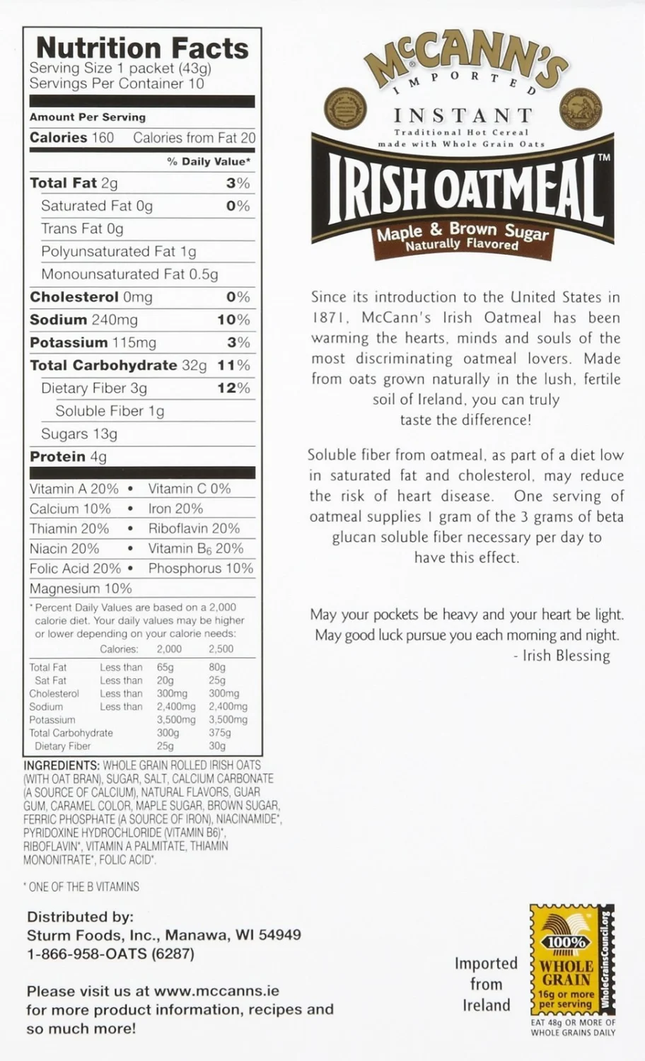 McCann's Instant Irish Oatmeal - Maple Brown Sugar - 15.1 oz - 10 ct