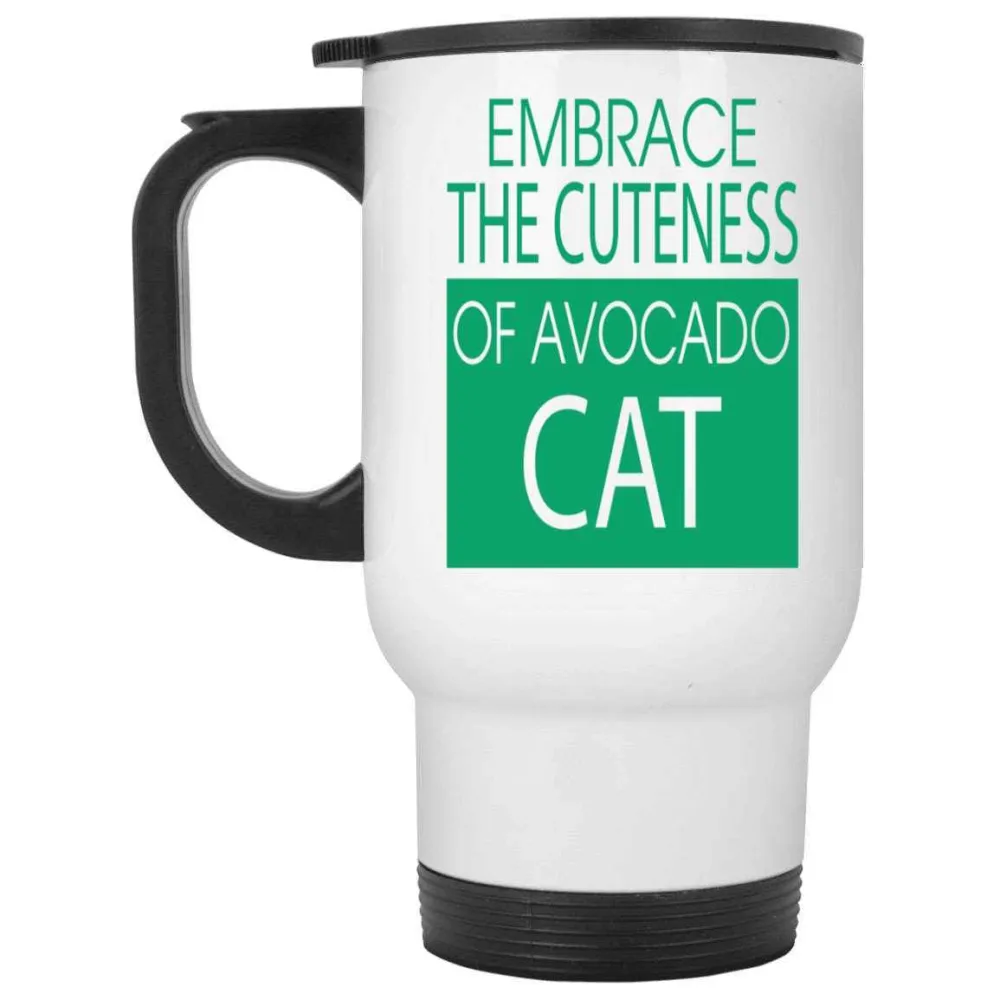 Humorous Gift Idea [novelty Gift] for [cat Lovers and ] - Avocado Cat Gift - Cute and - 14 Oz White Stainless Steel Travel Mug