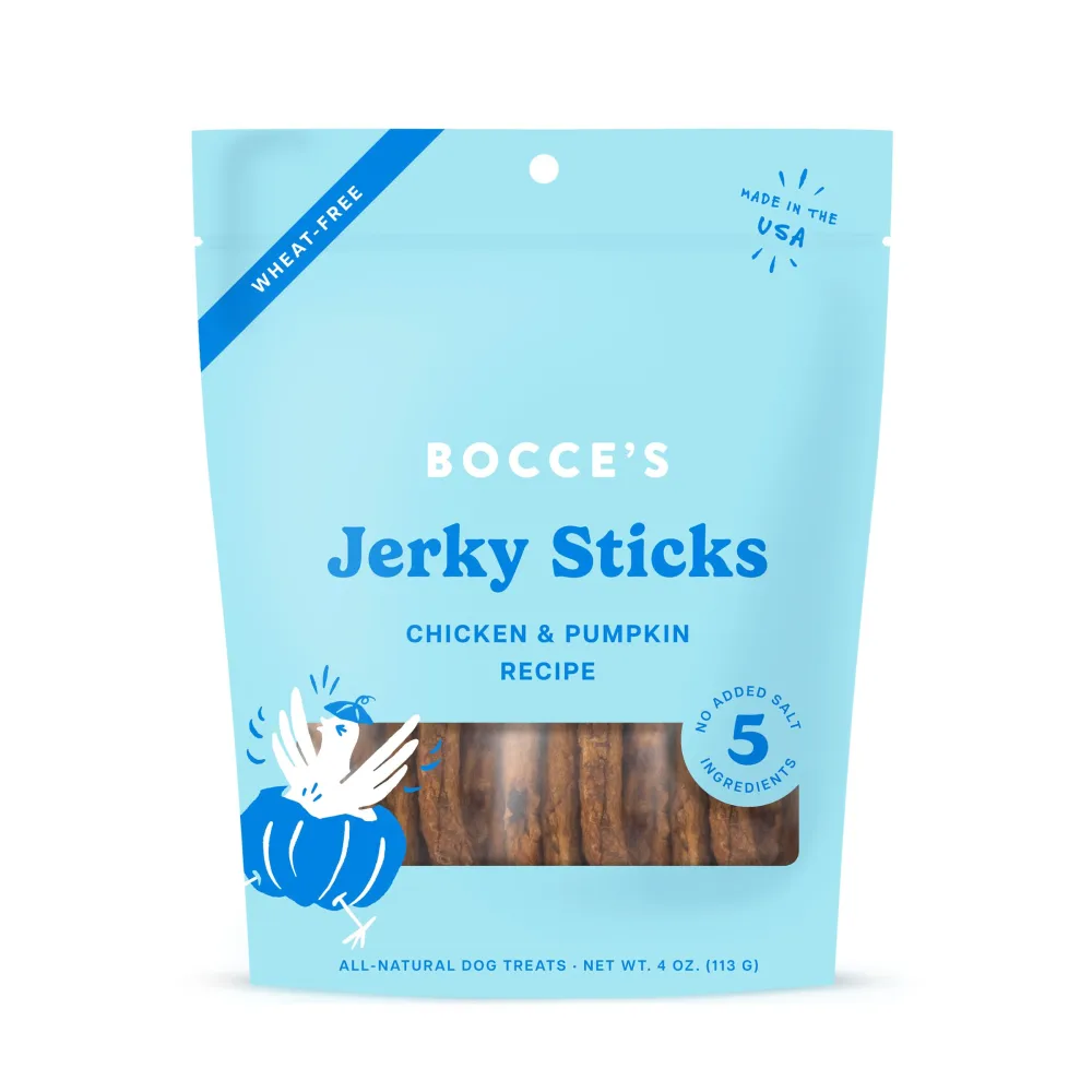 Bocce's Bakery Jerky Stick Dog Treats, Wheat-Free, Made with Limited-Ingredients, Baked in The USA with No Added Salt or Sugar, All-Naural & High-Protein, Chicken & Pumpkin, 4 oz