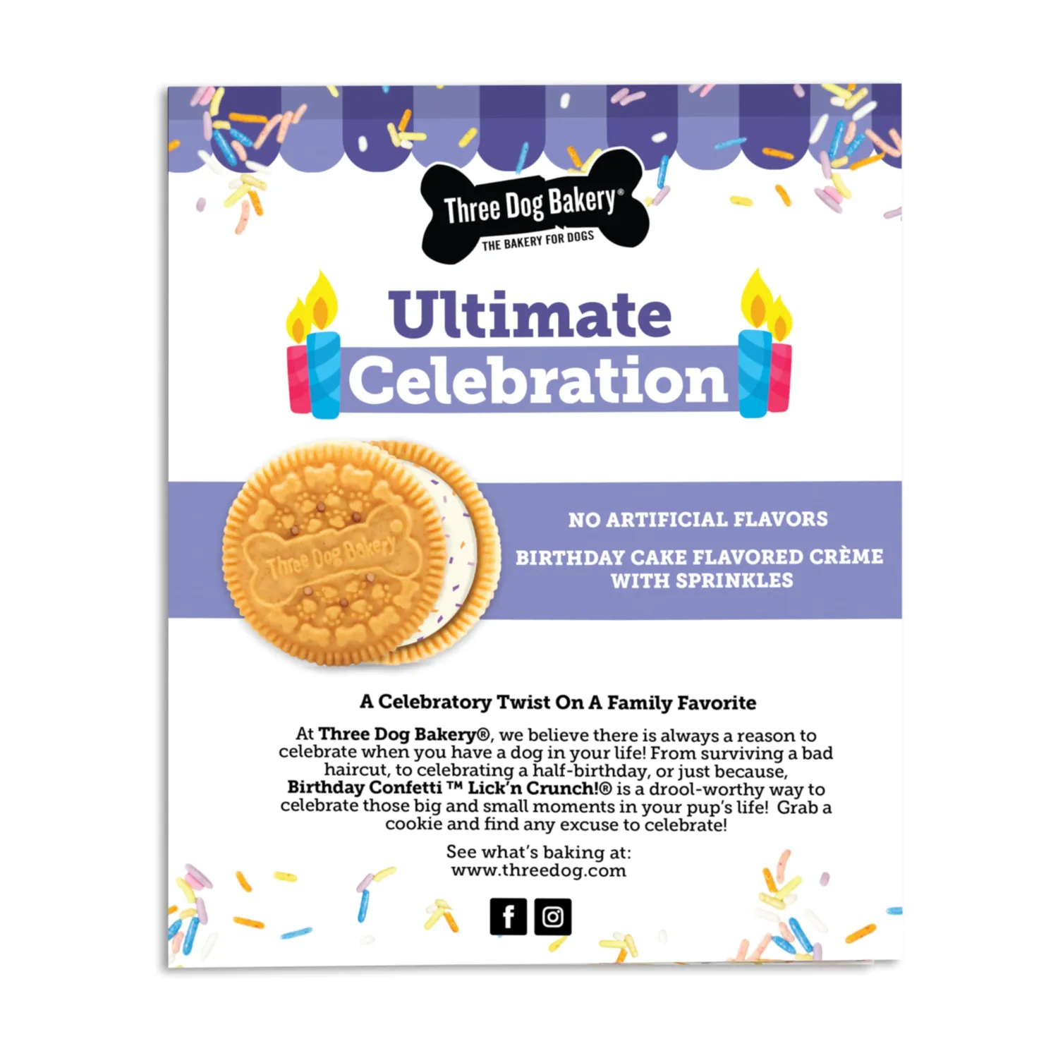 Three Dog Bakery Birthday Confetti Lick’n Crunch! - Dog Friendly Birthday Cookies, Cake-Flavored Dog Treats, Celebratory Cookie for Puppies