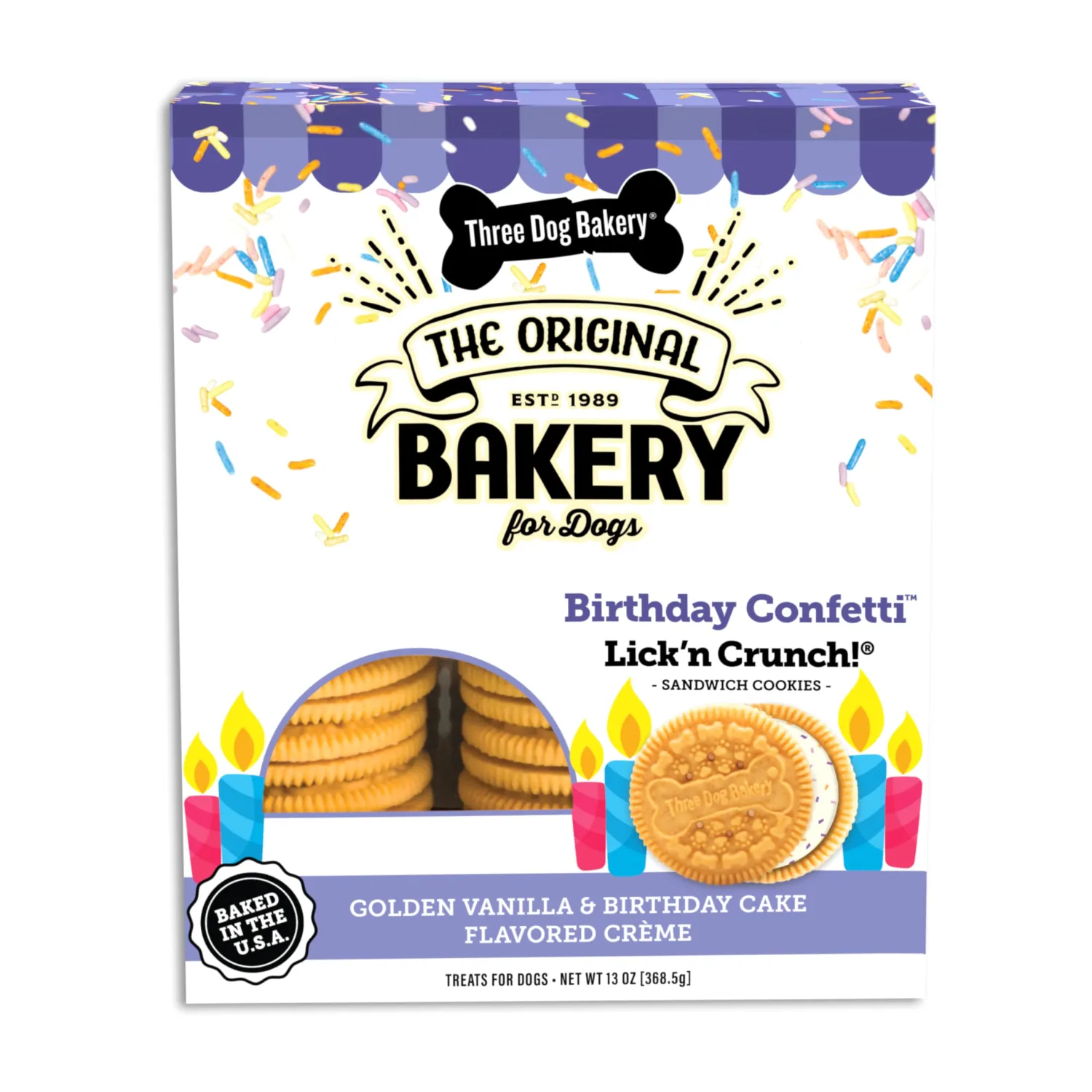 Three Dog Bakery Birthday Confetti Lick’n Crunch! - Dog Friendly Birthday Cookies, Cake-Flavored Dog Treats, Celebratory Cookie for Puppies