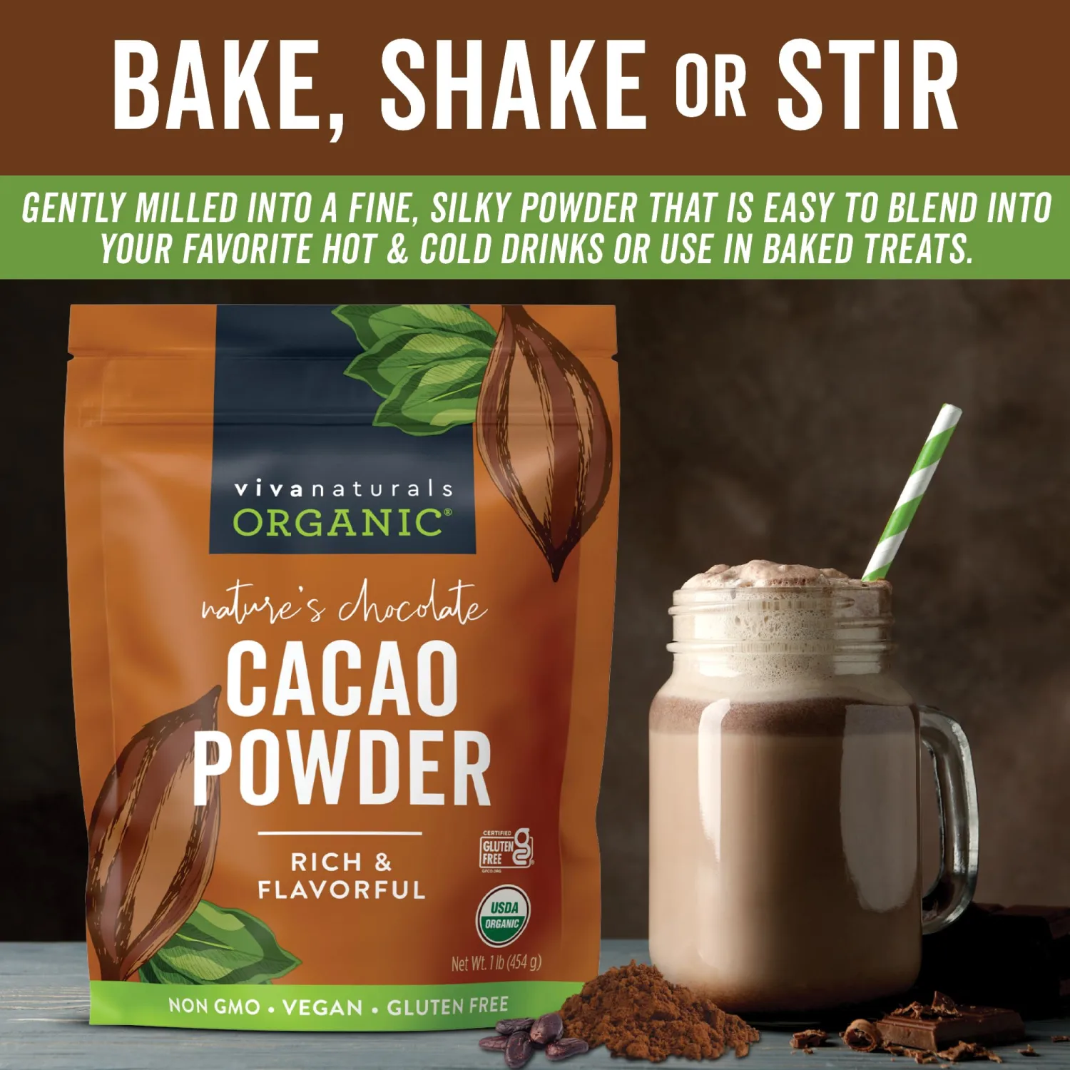 Viva Naturals Organic Cacao Powder, 1lb - Unsweetened Cacao Powder With Rich Dark Chocolate Flavor, Perfect for Baking & Smoothies, Non-GMO, Certified Vegan & Gluten-Free, 454 g