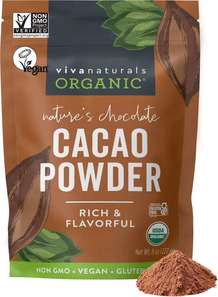 Viva Naturals Organic Cacao Powder, 8 oz - Unsweetened Cocoa Powder With Rich Dark Chocolate Flavor, Perfect for Baking & Smoothies - Certified Vegan, Keto & Paleo, Non-GMO & Gluten-Free, 227 g