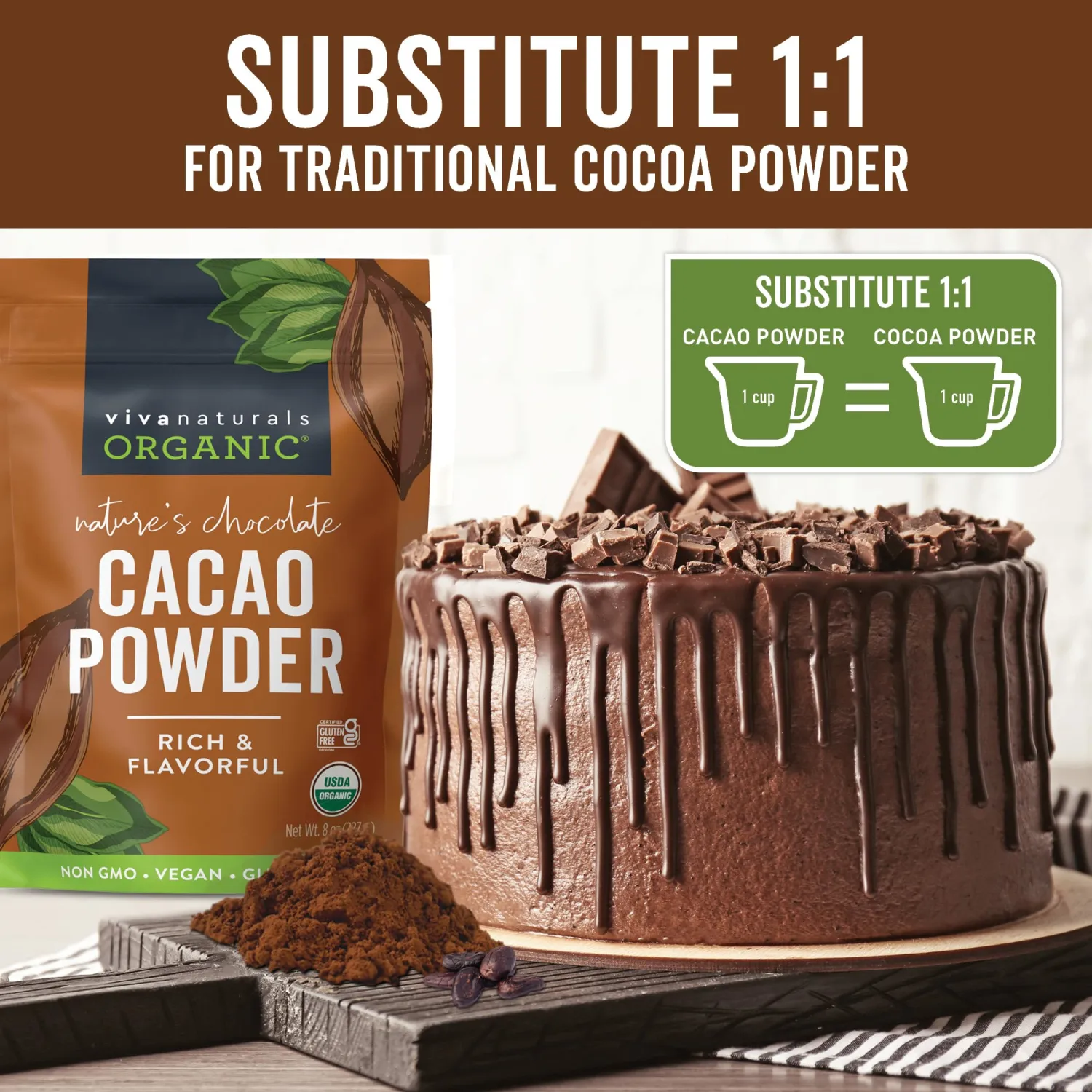Viva Naturals Organic Cacao Powder, 8 oz - Unsweetened Cocoa Powder With Rich Dark Chocolate Flavor, Perfect for Baking & Smoothies - Certified Vegan, Keto & Paleo, Non-GMO & Gluten-Free, 227 g