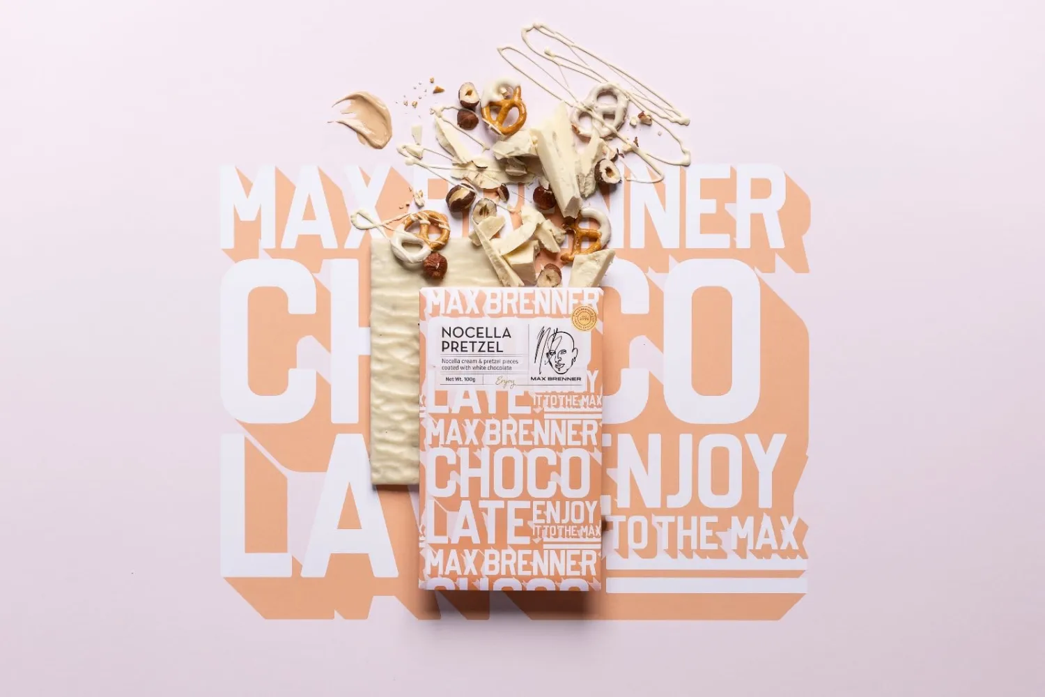 MAX BRENNER Premium Chocolate Bars, Nocella Cream & Pretzel Pieces Coated with White Chocolate Decadent Israeli Treats, Kosher, Luxurious Gourmet Experience, 100g Each (NOCELLA PRETZEL)