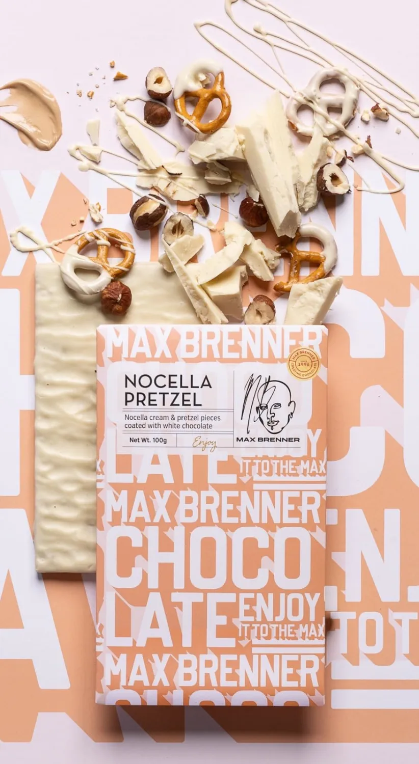 MAX BRENNER Premium Chocolate Bars, Nocella Cream & Pretzel Pieces Coated with White Chocolate Decadent Israeli Treats, Kosher, Luxurious Gourmet Experience, 100g Each (NOCELLA PRETZEL)