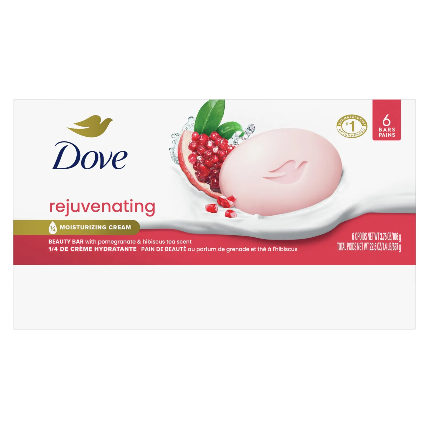 Dove Beauty Bar Soap Rejuvenating Pomegranate & Hibiscus Tea 6 Count for Revitalized Skin, Refreshes Skin 3.75 oz