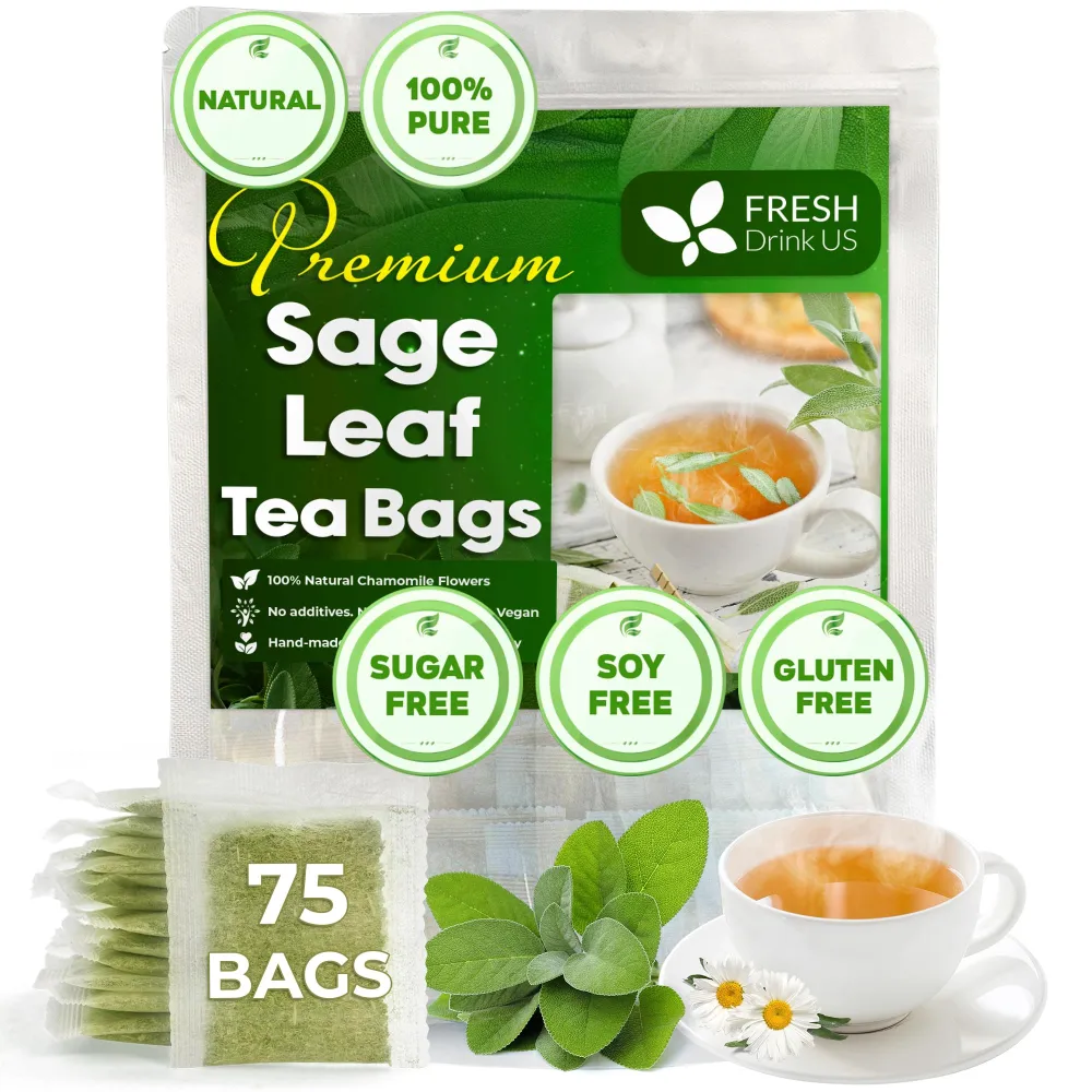 FreshDrinkUS, Premium 75 Sage Leaf Tea Bags, 100% Natural & Pure from Sage Leaves. Loose Leaf Sage Herbal Tea. Made with Natural Material Tea Bags. No Sugar, No Caffeine, No Gluten, Vegan.