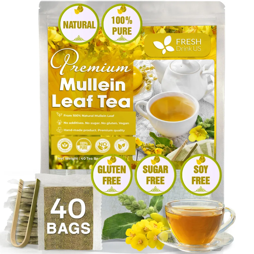 FreshDrinkUS, Premium 40 Mullein Leaf Tea Bags For Lung, 100% Natural & Pure from Mullein Leaves. Loose Leaf Mullein Herbal Tea. Made with Natural Material Tea Bags. No Sugar, No Caffeine, No Gluten, Vegan.