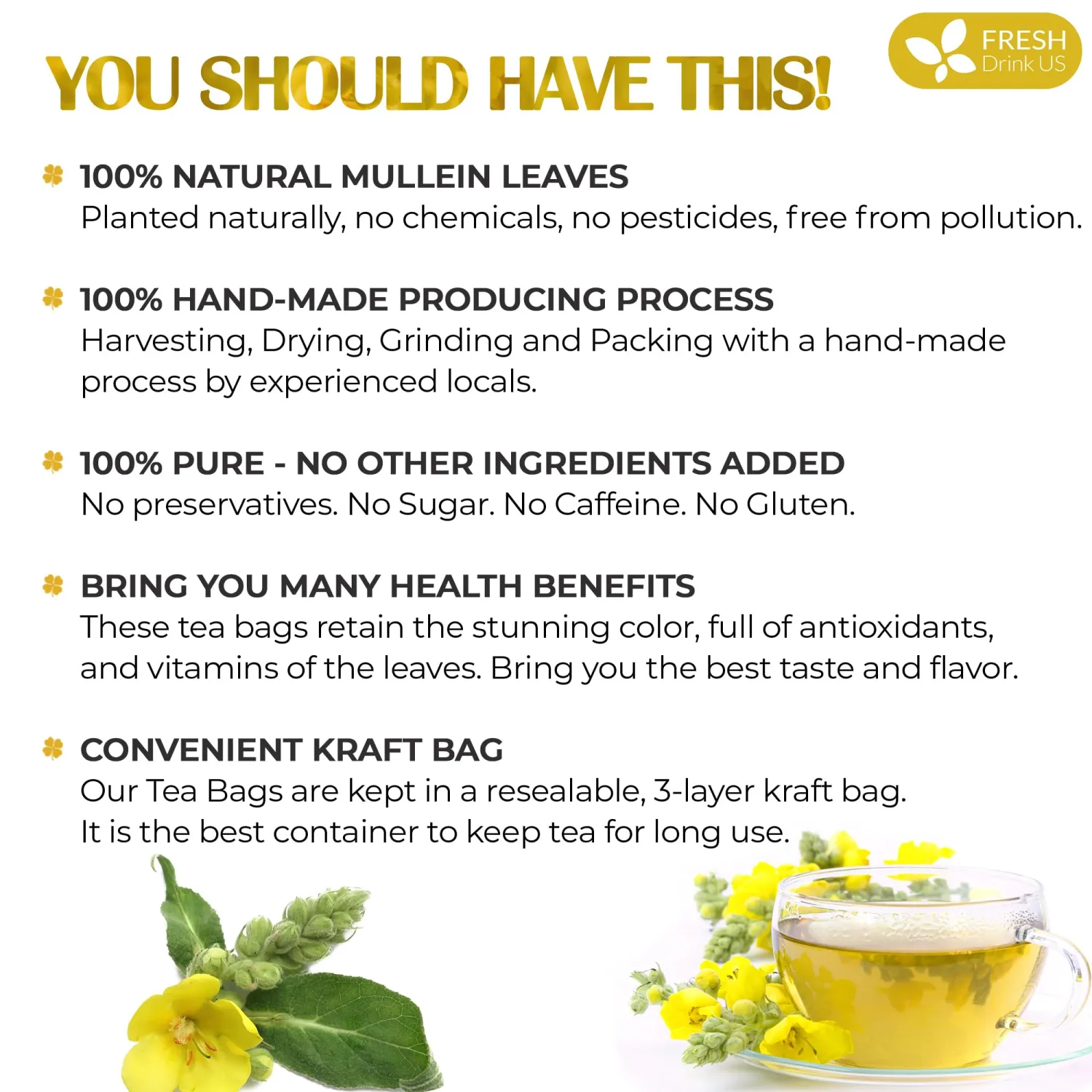 FreshDrinkUS, Premium 75 Mullein Leaf Tea Bags for Lungs, 100% Natural & Pure Mullein Leaves. Mullein Herbal Tea. Made with Natural Material Tea Bags. No Sugar, No Caffeine, No Gluten, Vegan.