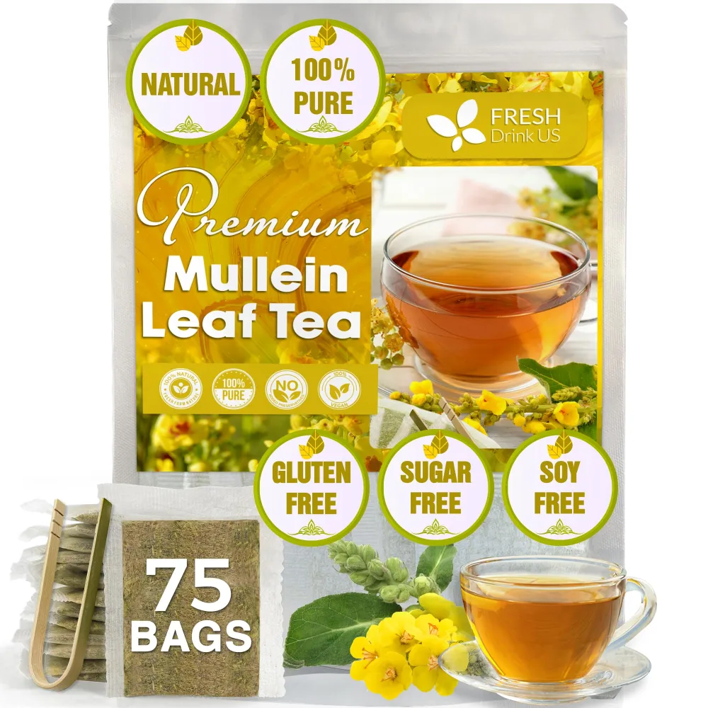 FreshDrinkUS, Premium 75 Mullein Leaf Tea Bags for Lungs, 100% Natural & Pure Mullein Leaves. Mullein Herbal Tea. Made with Natural Material Tea Bags. No Sugar, No Caffeine, No Gluten, Vegan.