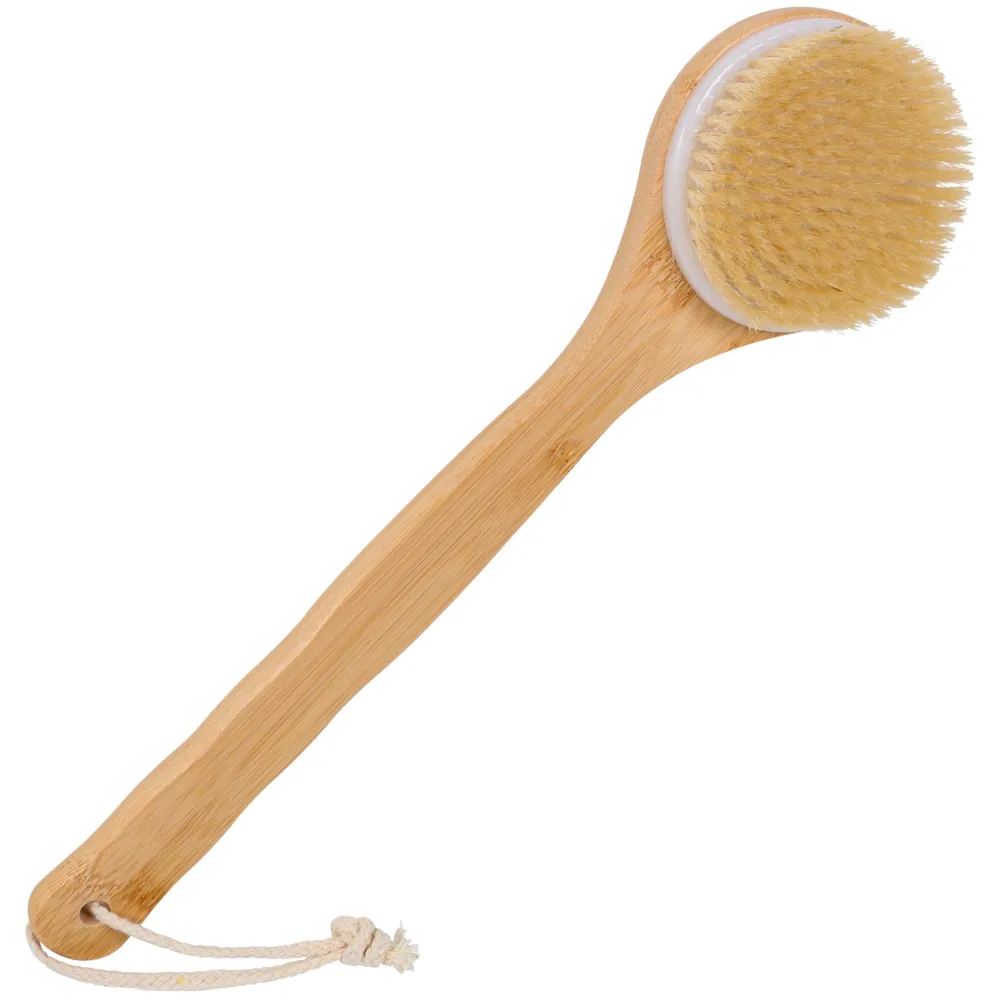 OWIIZI Back Scrubber Brush for Shower, Round Head Bristle Body Large Area Deep Cleanse Bath Brushes, Bamboo Long Handle Skin Exfoliator for Men Women Elders Wet or Dry Use