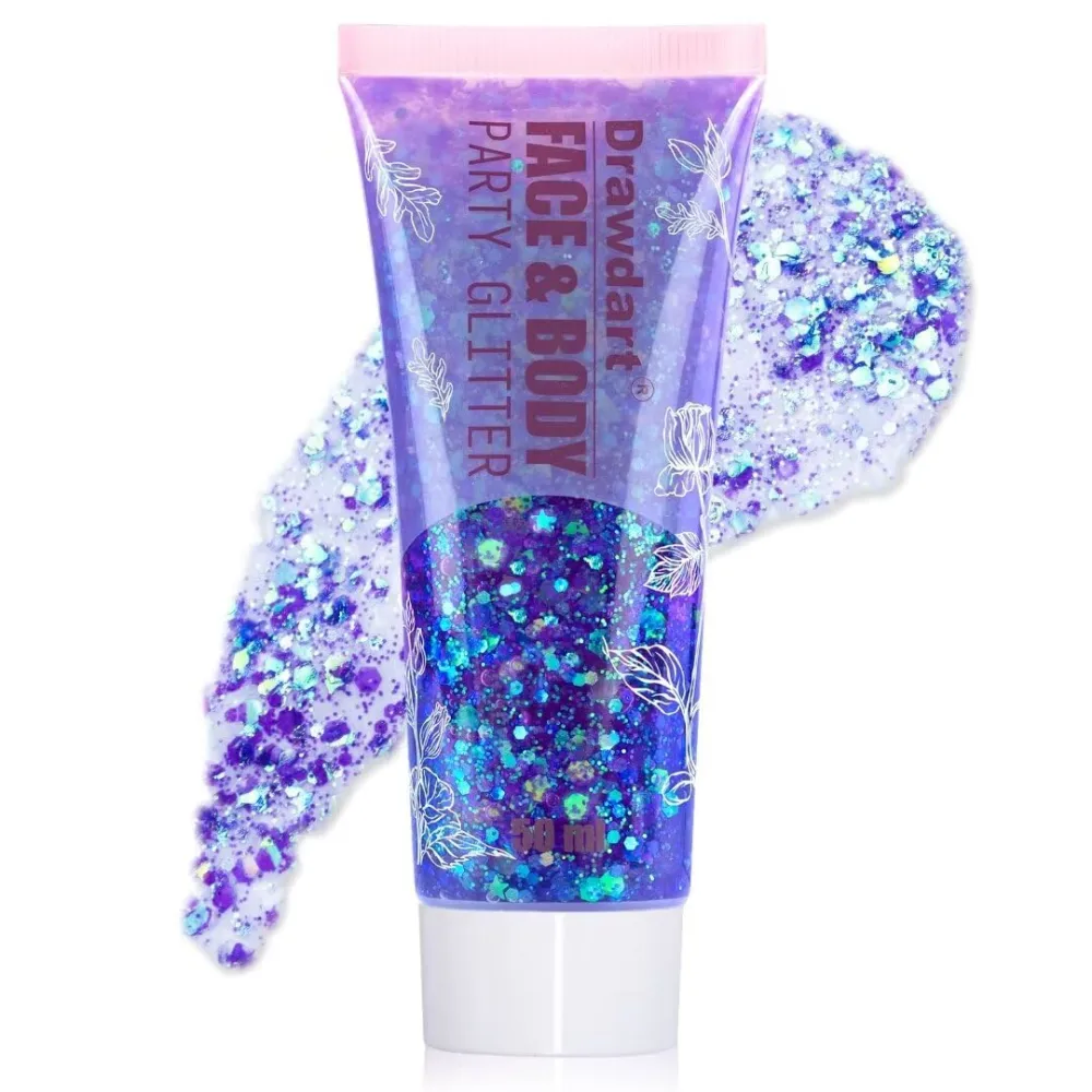 Purple Iridescent Face Body Glitter Gel,Sparkling Chunky Sequins Mermaid Face Body Hair Lip Nails Glitter Gel,Festival Glitter Rave Party Accessories 50ml