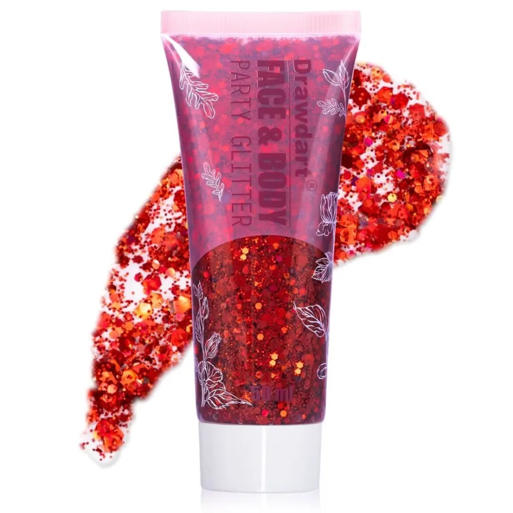 Face & Body Glitter - Cosmetic - Grade Red Holographic Glitter Gel,Face Body Hair Chunky Festival Rave Accessories Makeup 50ml,Glitter Sequin for Women Kids