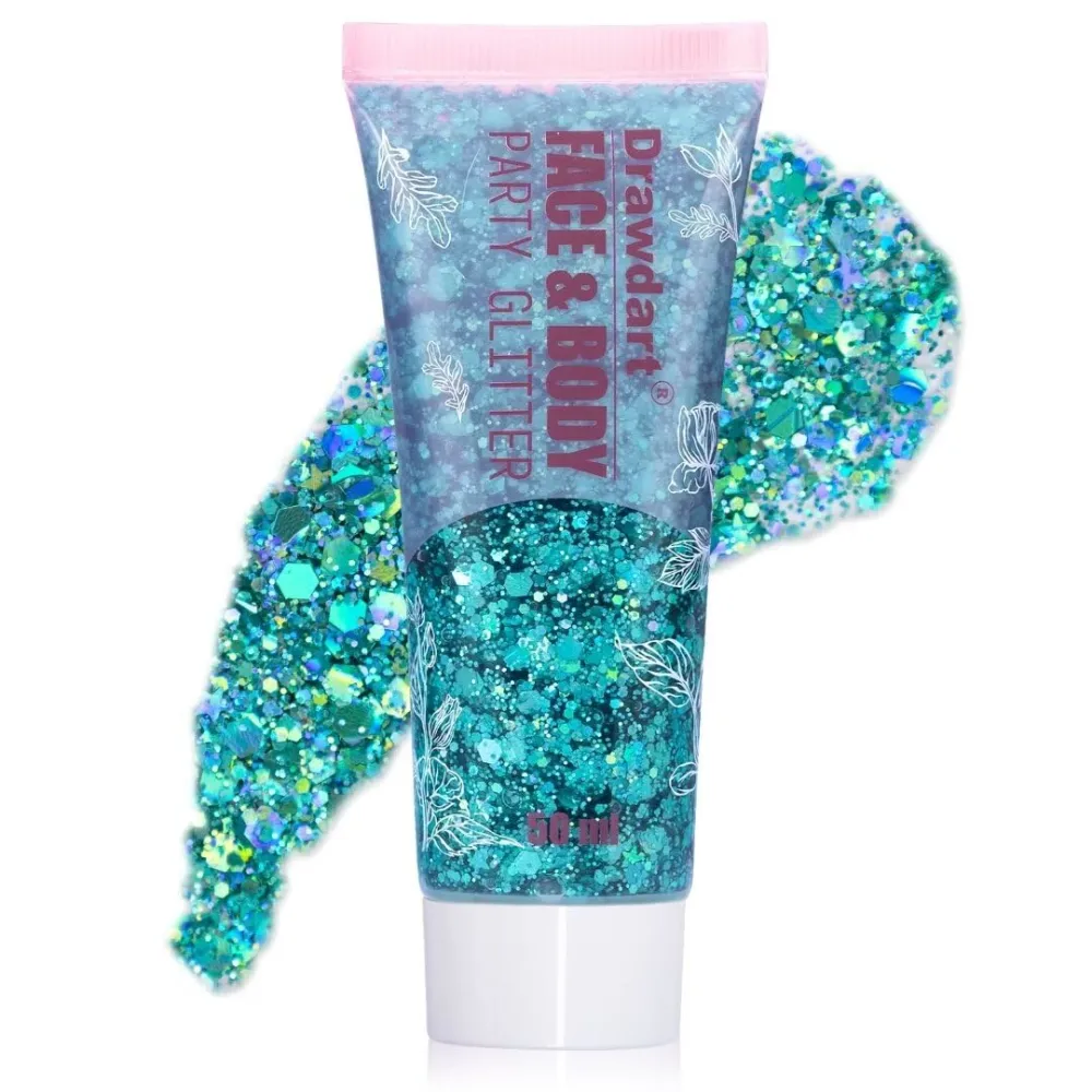 Turquoise Face Glitter Gel,Sparkling Glitter Gel for Face Hair Body,Holographic Long Lasting Chunky Sequins Glitters,Festival Rave Accessories Makeup 50ml