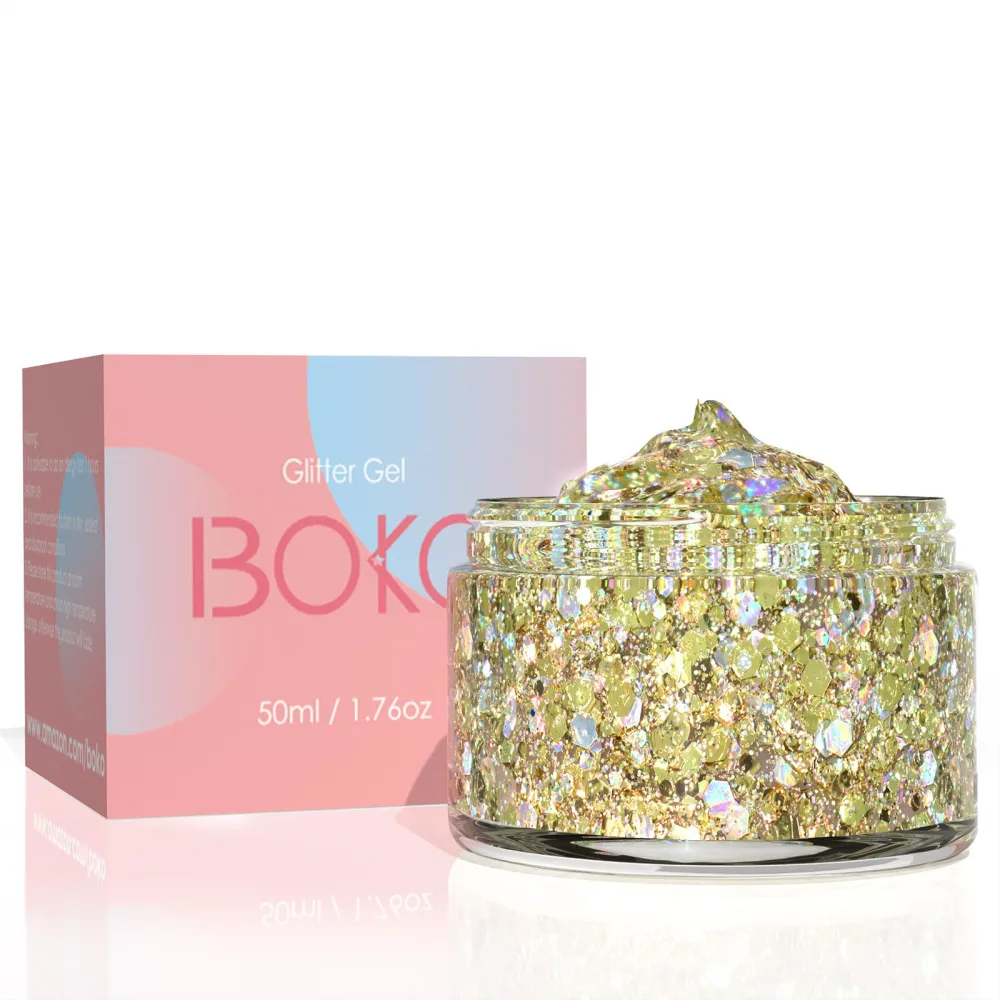 Boko 50ML Body Glitter Gel, Gold Mermaid Chunky Glitter Gel for Face Hair Body Sparkle Makeup, Cosmetic Grade Fairy Glitter Lotion for Festival Concert Party Event Rave Accessories - Golden Koi