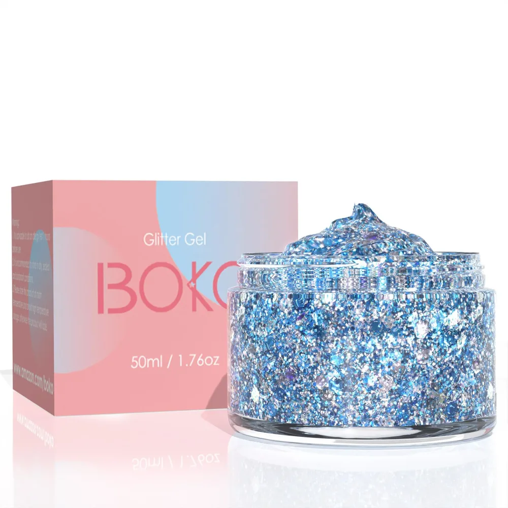 Boko 50ML Body Glitter Gel, Blue Mermaid Chunky Glitter Gel for Face Hair Body Sparkle Makeup, Cosmetic Grade Fairy Glitter Lotion for Festival Concert Party Rave Accessories - Dreamland