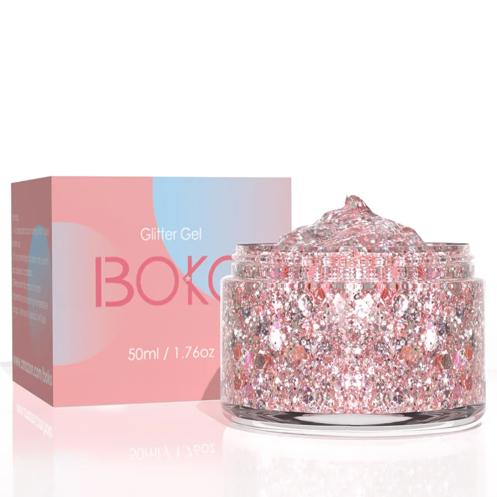 Boko 50ML Body Glitter Gel, Sparkle Chunky Glitter Gel for Face Hair Body Makeup, Cosmetic Grade Fairy Glitter Lotion for Festival Concert Party Event Valentines Rave Accessories - Rose Silver