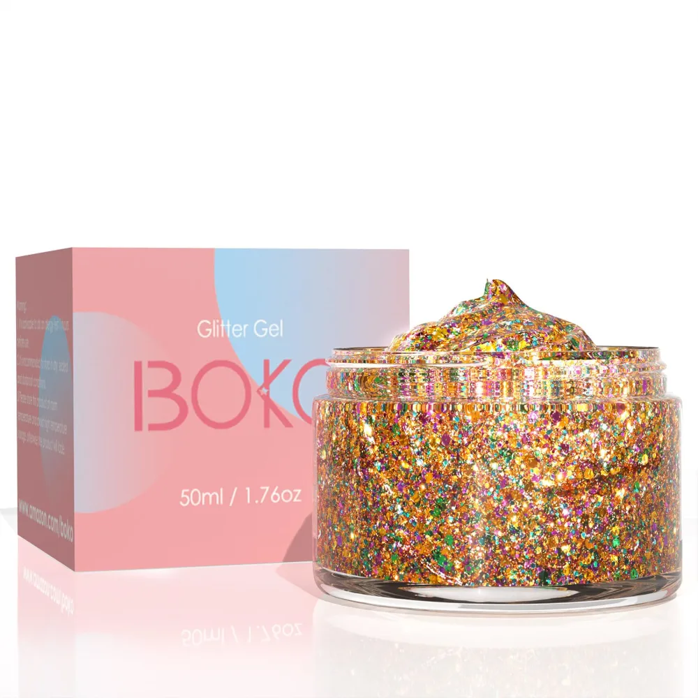 Boko 50ML Body Glitter Gel, Sparkle Mermaid Chunky Glitter Gel for Face Hair Body Makeup, Cosmetic Grade Fairy Glitter Lotion for Festival Concert Party Christmas Rave Accessories - Rave Feast