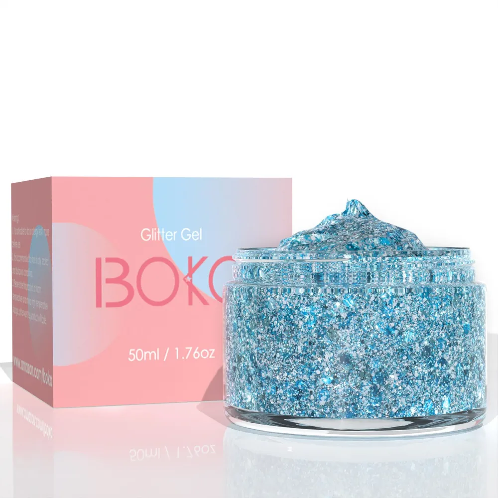 Boko 50ML Body Glitter Gel, White Blue Chunky Glitter Gel for Face Hair Body Sparkle Makeup, Cosmetic Grade Fairy Glitter Lotion for Festival Concert Party Event Rave Accessories - May Sun