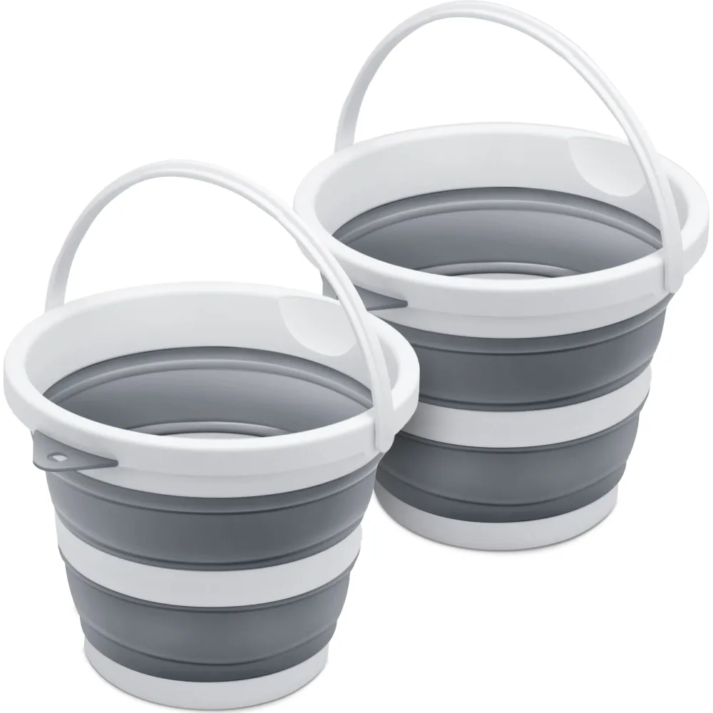 2-Pack Small Collapsible Bucket 1.3 Gal/5L, BPA-Free - Space-Efficient, Portable Foldable Water Pail for Household, Outdoor Use, Car Wash, Camping, Fishing - Grey