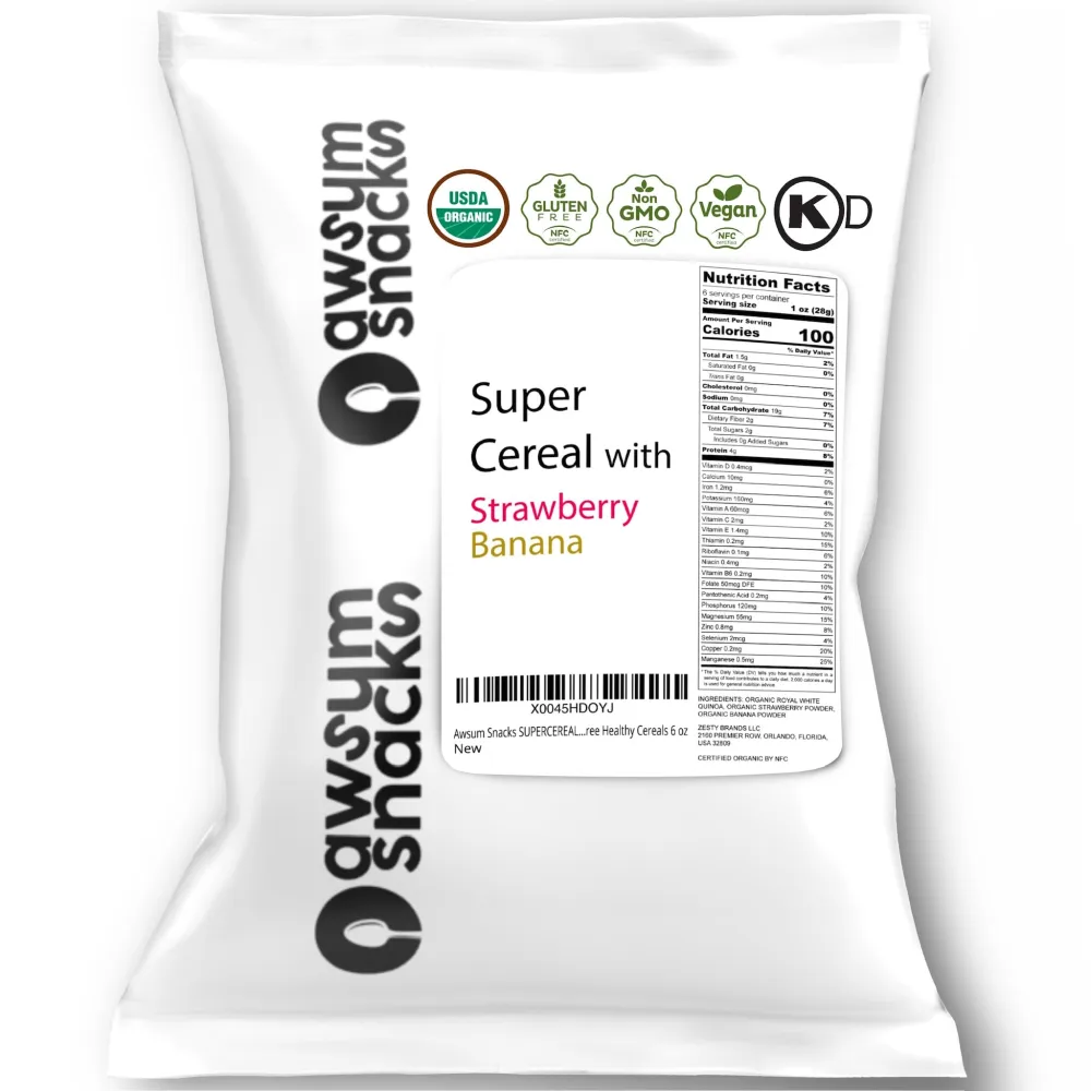 Awsum Snacks SUPERCEREAL Quinoa Strawberry & Banana Nutritional Complete Protein Breakfast Option Certified Vegan, Gluten Free, Non-GMO, Kosher, Grain-free Healthy Cereals 6 oz.