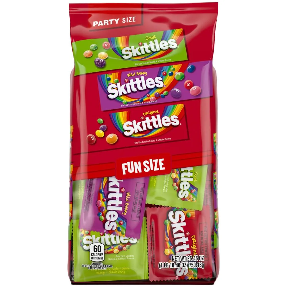 SKITTLES Original, SKITTLES Wild Berry & SKITTLES Sour Fun Size Chewy Individually Wrapped Halloween Candy Variety Pack Trick-or-Treat Assortment, Party Size, 26.46 Oz Bulk Bag