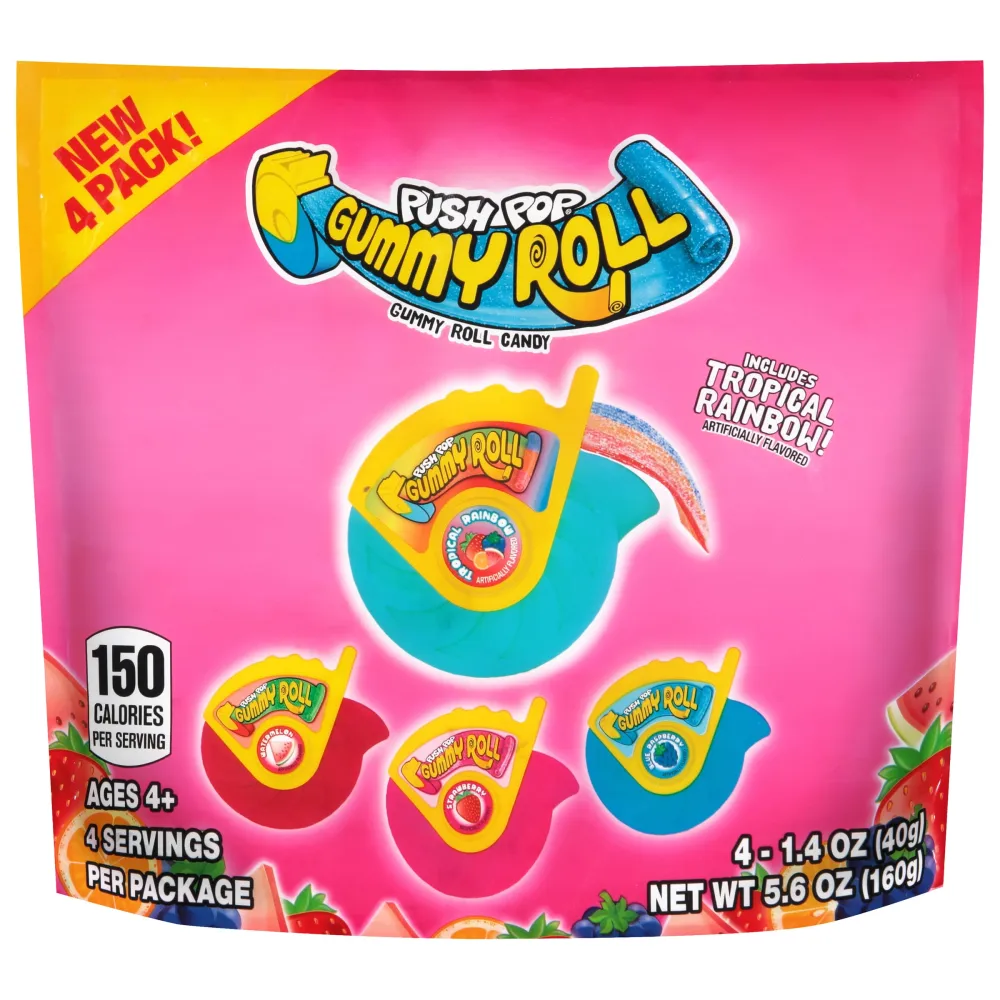 Push Pop Gummy Roll 4ct Bag with Assorted Fruity Flavors, 1.4oz