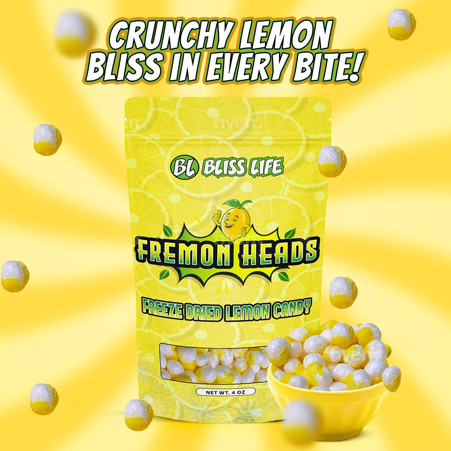 Fremon Heads Freeze Dried Lemon Candy 4 oz Package Freeze Dried Sour Candy Unique Novelty Candy Great for the Tiktok Trend most Popped Lemon Candies you can find