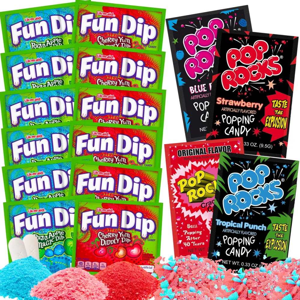 Fun Dip, Pop Rocks Variety Pack - Nostalgia Candy Sampler - Includes Various Pop Rocks Flavors and Fun Dips Lik a Stix, Cherry Yum and Razz Apple - Packaged by Gaudum (16)