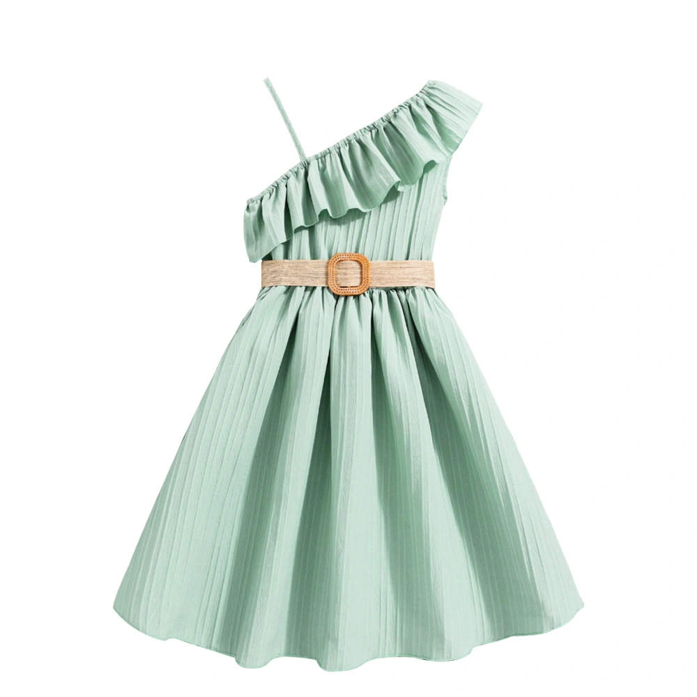 Girls Ruffle Belted Dress Sleeveless One Shoulder Slash Neck Dress