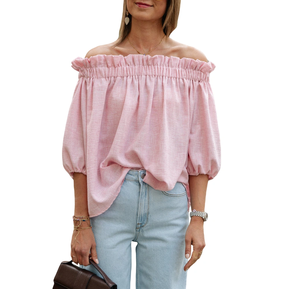 Women Ruffled Blouse Off-Shoulder Half Puffy Sleeves Flowy Fit Tops