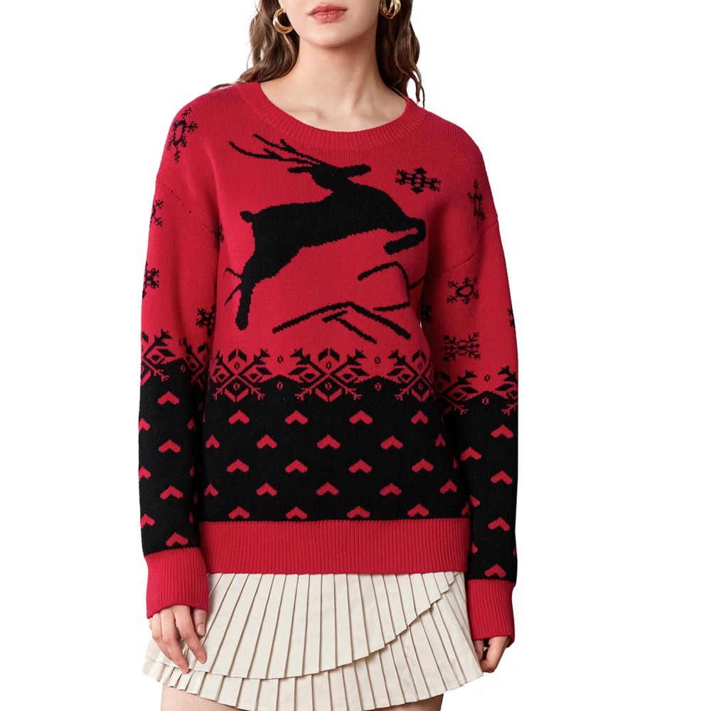 Womens Christmas Reindeer Sweater Loose Crew Neck Long Sleeve Tops 