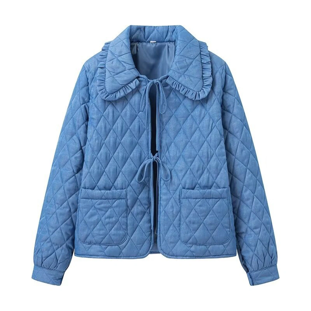 Women Cotton Jacket Rhombus Ruffled Doll Collar Lacing Pockets Outwear