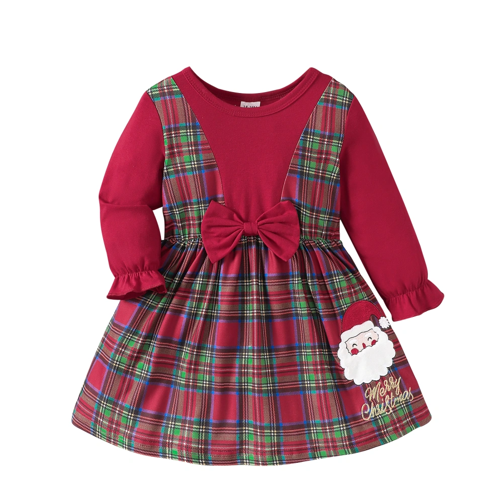 Girls Christmas Plaid Dress Bow Long Sleeve Santa Letter A-Line Dress