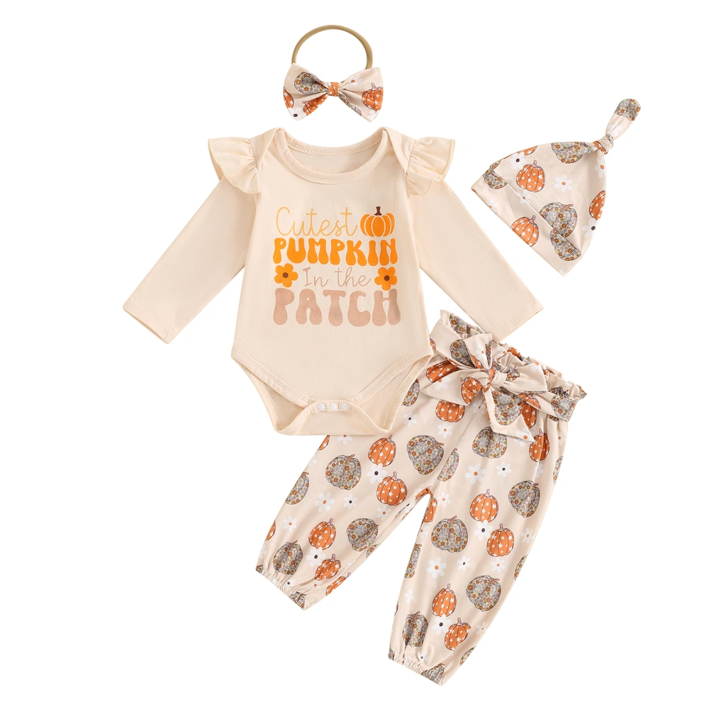 Baby 4PCS Sets Long Sleeve Romper Pumpkin Print Pants Hat Headband