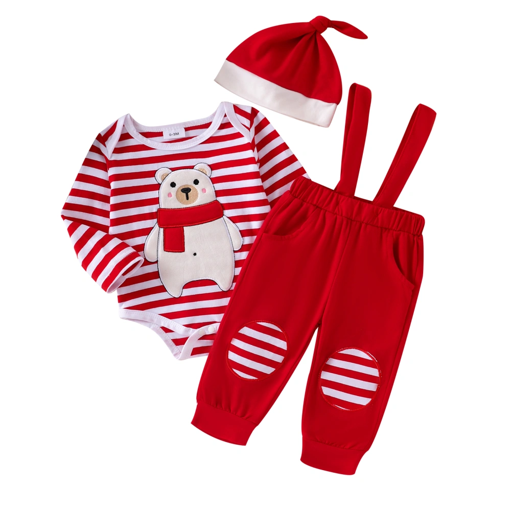 Baby Boy Girl Outfit, Bear Print Romper Striped Suspender Pants Hat