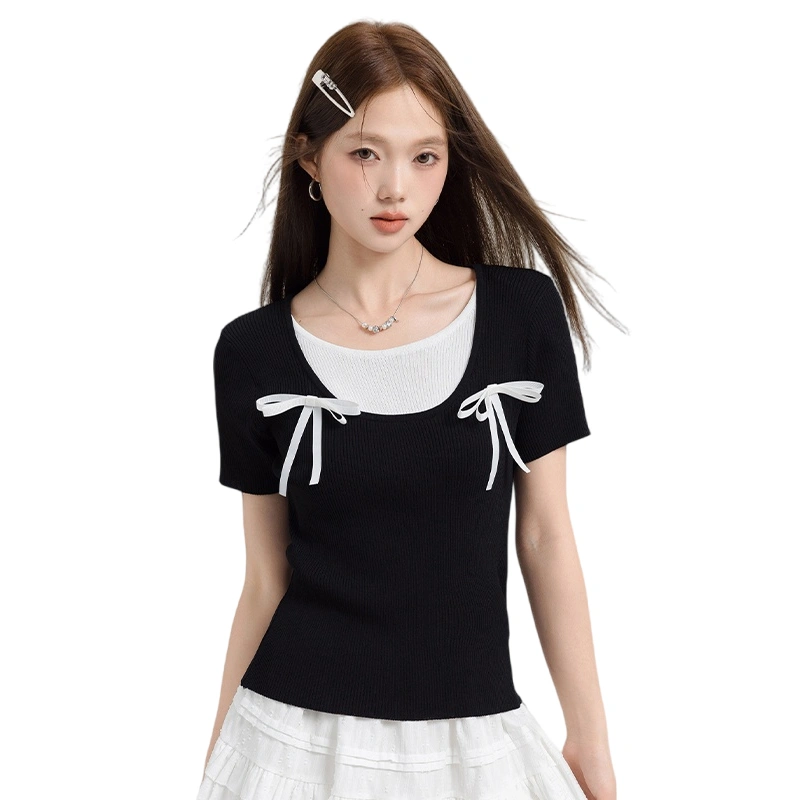 Womens Fake Two-Piece Knit Tops Slim Bow Short Sleeve Crop T-Shirt 