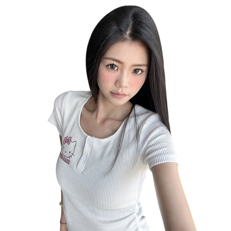 Womens Ribbed Crop Padded Tops Cat Print U Neck Short Sleeve T-Shirt 