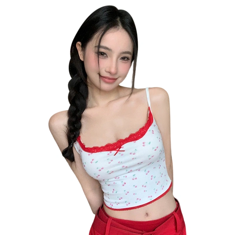 Women Summer Crop Camisole Casual Lace Trim Cherry Print Tank Tops