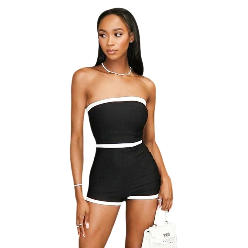 Womens Off Shoulder Jumpsuit Contrast Trim Sleeveless Shorts Bodysuit